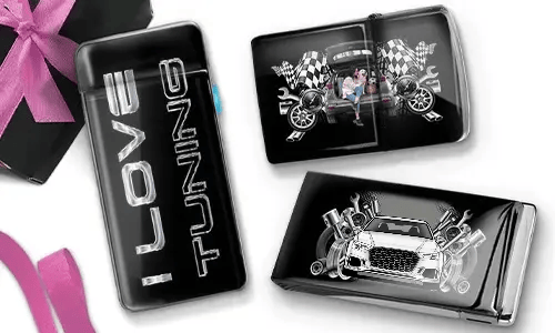 Three glossy car-themed accessories are displayed on a white background. One has 