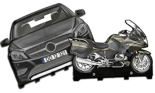 Cardboard cutouts of a black car and metallic motorcycle on stands, used for display or training