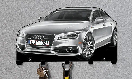 Silver Audi-shaped wall key holder with five hooks for organizing keys