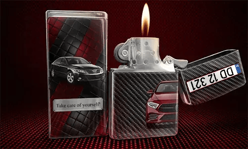 Flip-top lighter with flame: red car on carbon fiber background, black car with name JONAS on quilted panel