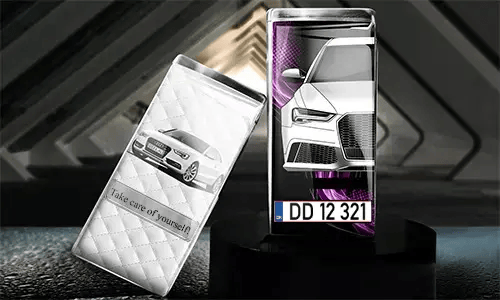 Two car-themed phone cases: white quilted with 
