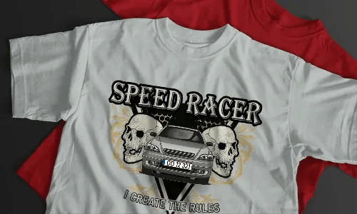White T-shirt with SPEED RACER text, silver BMW graphic, two skulls, yellow ornaments, and black background
