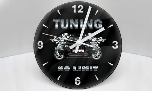 Wall clock with stylized car, checkered flags, and metallic TUNING NO LIMIT text on black background