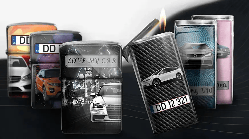 Car-themed lighters with printed designs: white car with flame, lighter with 