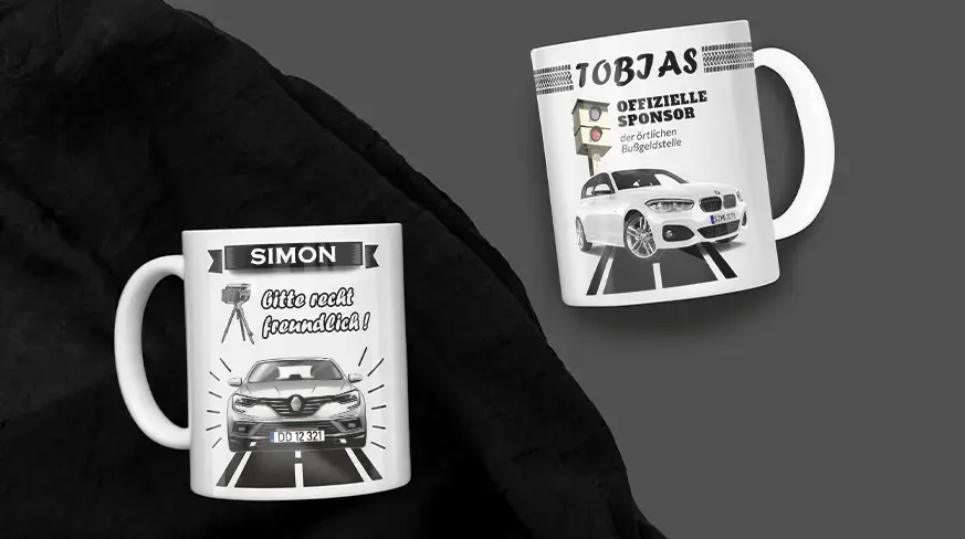 Two white mugs with car and speed camera prints: Simon's mug with friendly message, Tobias's mug with humorous fine office text