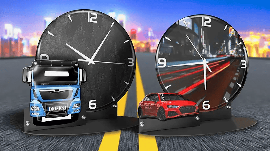 Two analog clocks with model vehicles: left with blue truck and dark dial, right with red sports car and city light trails