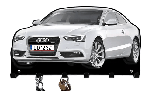 Wall-mounted key holder shaped like a white Audi car with hooks for organizing keys